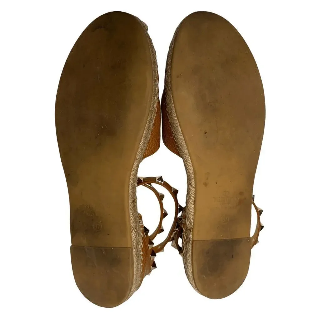 Valentino Garavani Rockstud Espadrille Studded Ankle Wrap Flats EU 37 US 7 Brown